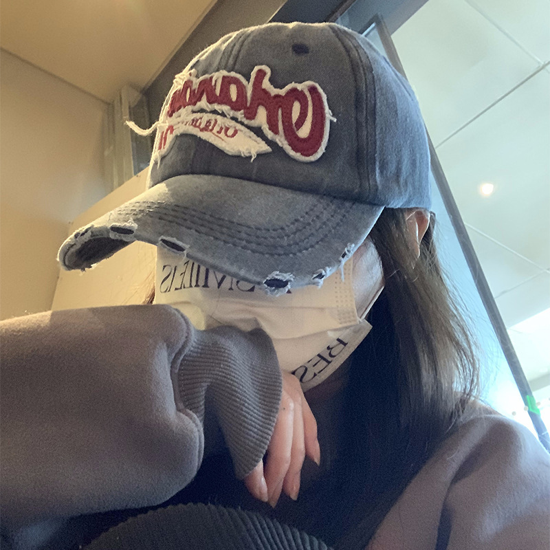 American retro vintage baseball cap, women's big head circumference washed with water, ripped hole denim, wide brim duckbill cap, face enhancing small hat