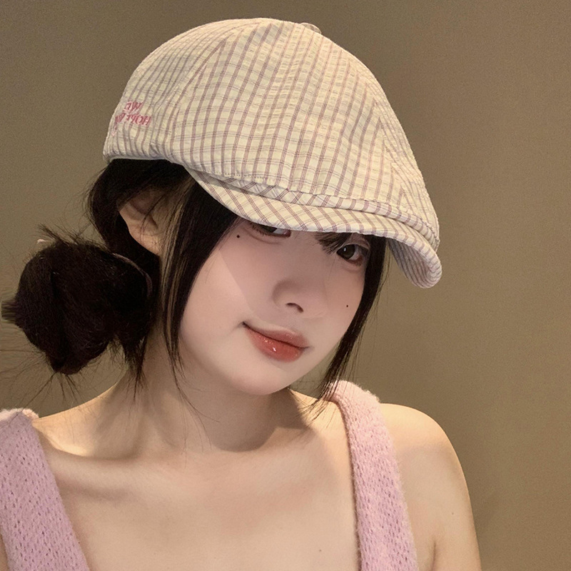 Retro pink checkered beret women's spring 2025 new item reverse wearing newsboy hat big head circumference versatile duck tongue hat