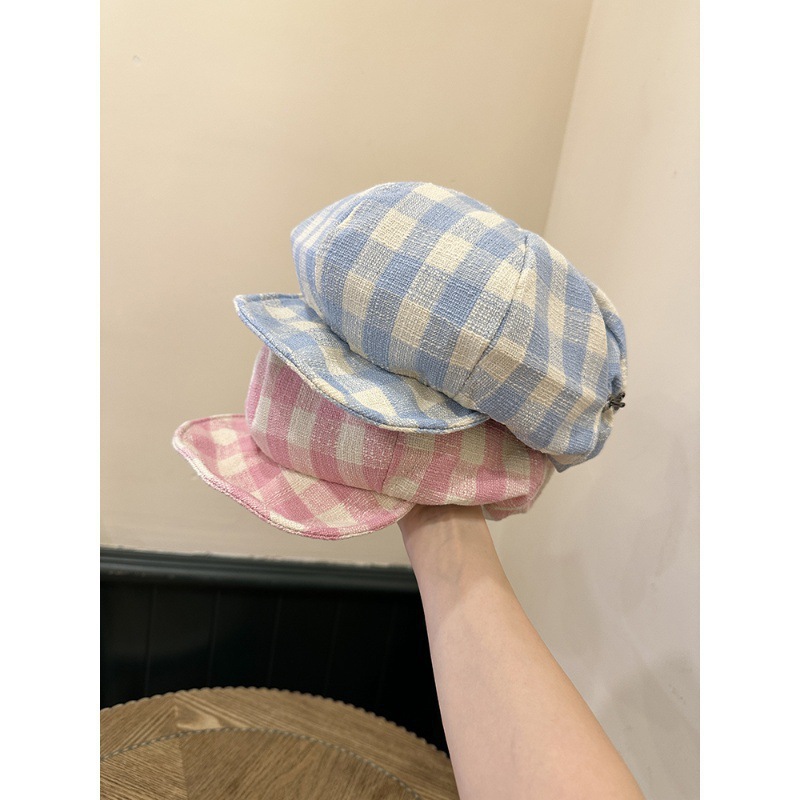 Korean style versatile plaid cloud octagonal hat for women, ins soft eave casual thin beret, trendy and stylish, small artist hat