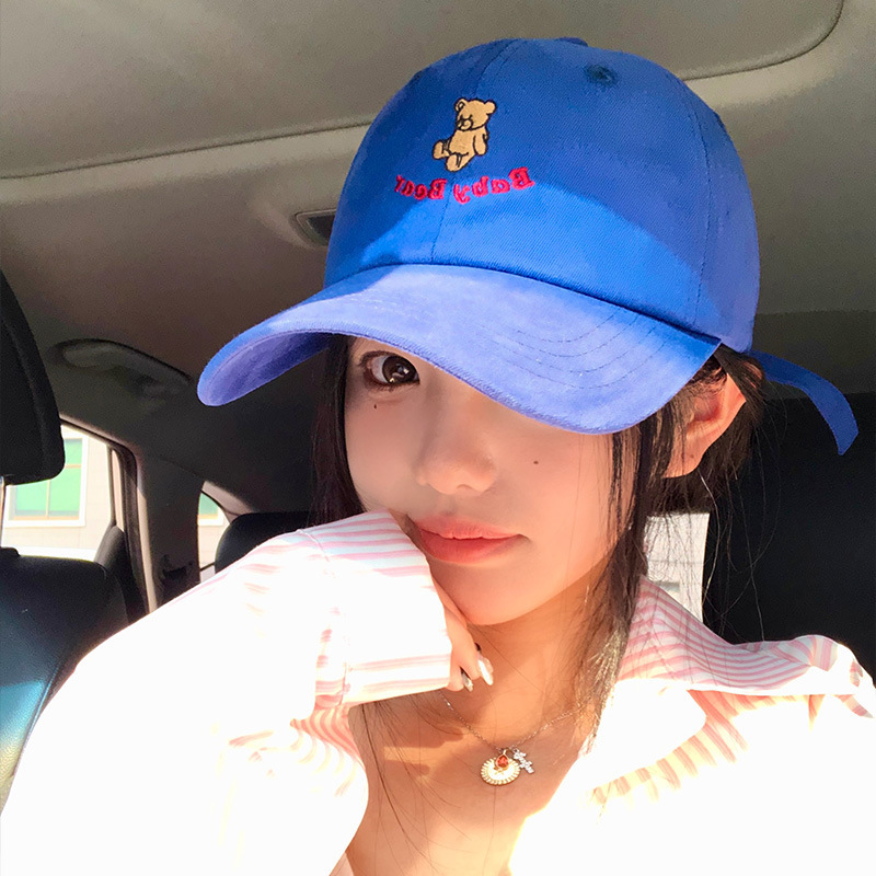 New Cute Little Bear Embroidered Blue Baseball Hat Women's Big Head Circumference Hat Wide brim Big Face Look Small Duck Tongue Hat New Cute Little Bear Embroidered Blue Baseball Hat Women's Big Head Circumference Hat Wide brim Big Face Look Small Duck Tongue Hat