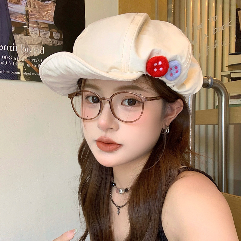 Japanese retro cotton and linen big head octagonal hat, women's summer colorful felt button artist hat, cloud beret