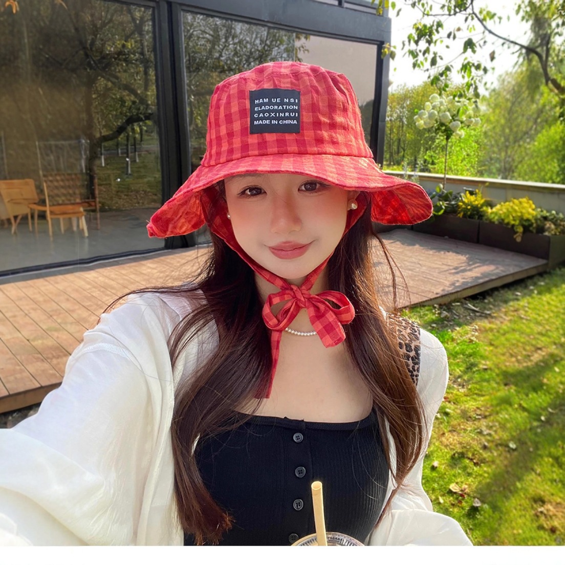 Small Fresh Grid Pattern Large Eaves Show Face Small Fisherman Hat Women's Summer Outing Sun Hat All round Sunshade and Sunscreen Hat