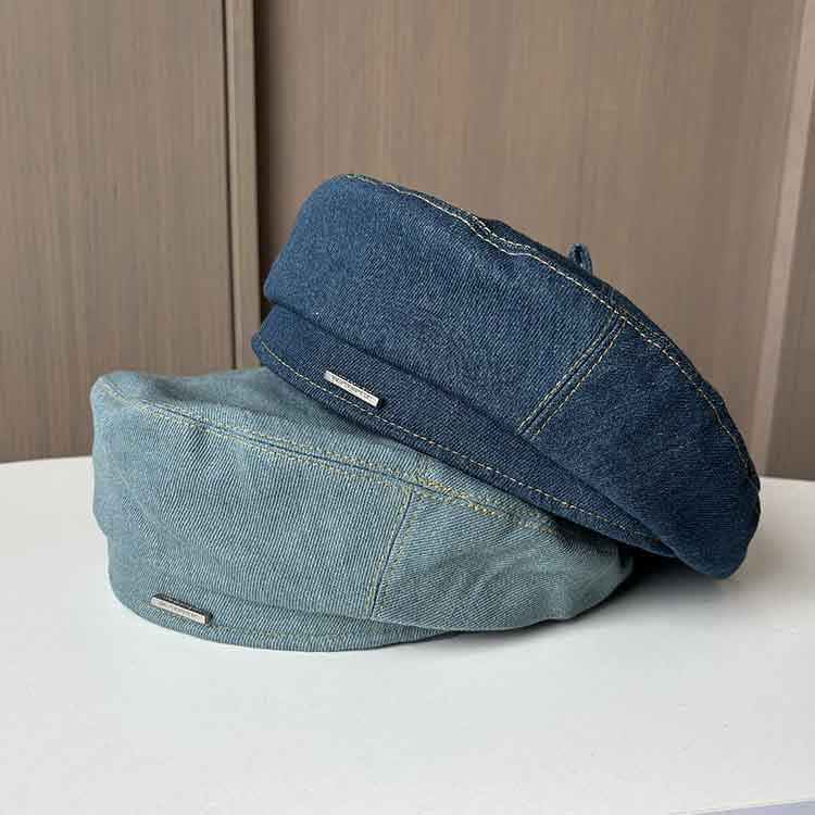 Korean version metal letter small label denim beret women's spring and autumn retro versatile plain face, small bud painter hat