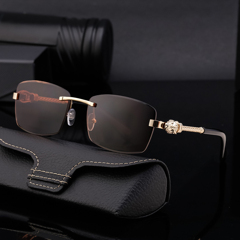 Leopard head frameless sunglasses for men, retro and high-end European and American sunglasses, fashionable and trendy sunglasses