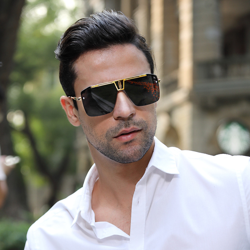 New Large Frame Sunglasses for Men, Trendy and Fashionable Street Photography, Square Sunglasses, Retro Frameless Sunglasses