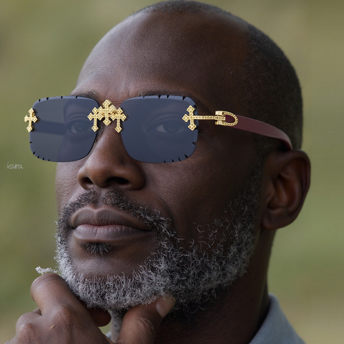 2025 New European and American Retro Frameless Sunglasses for Men, Diamond Cutting Edge Imitation Wood Grain Sunglasses, Leg Sunglasses for Men, Cross border Wholesale