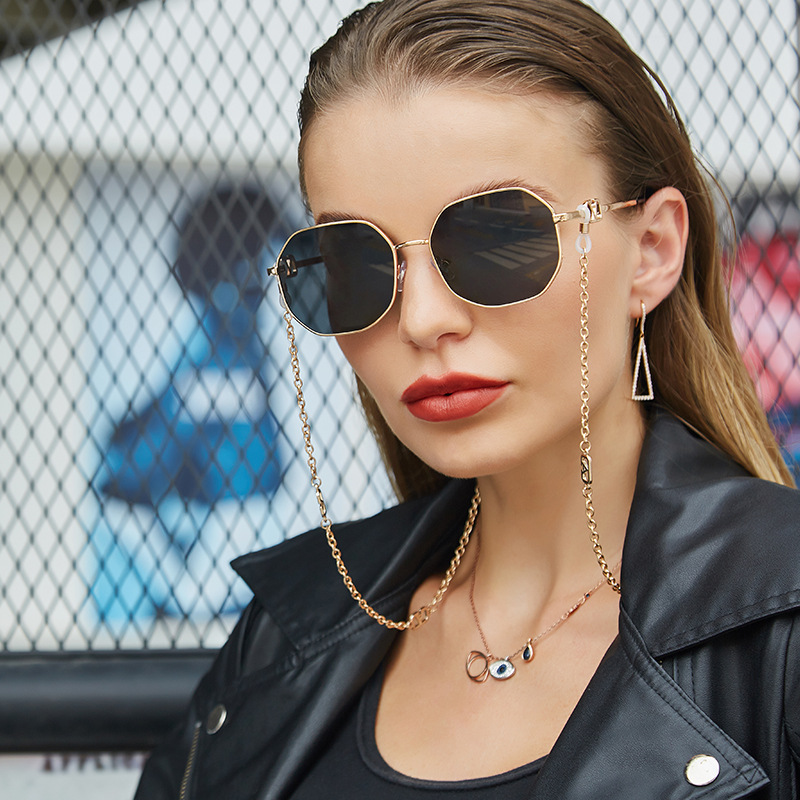 Chain sunglasses, female internet celebrity, same style, anti drop chain hanging rope, irregular polygon full frame sunglasses, female trend