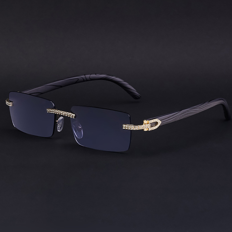 European and American retro frameless men's sunglasses with diamond inlaid wood grain legs, cross-border new glasses wholesale shapes