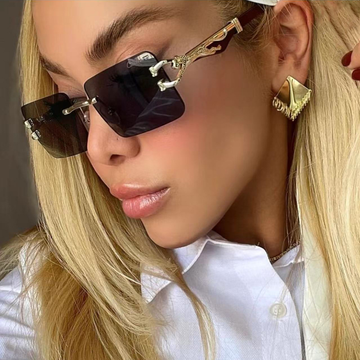 Retro frameless sunglasses for women with leopard wood grain, leg framed sunglasses for men, trendy cross-border shapes