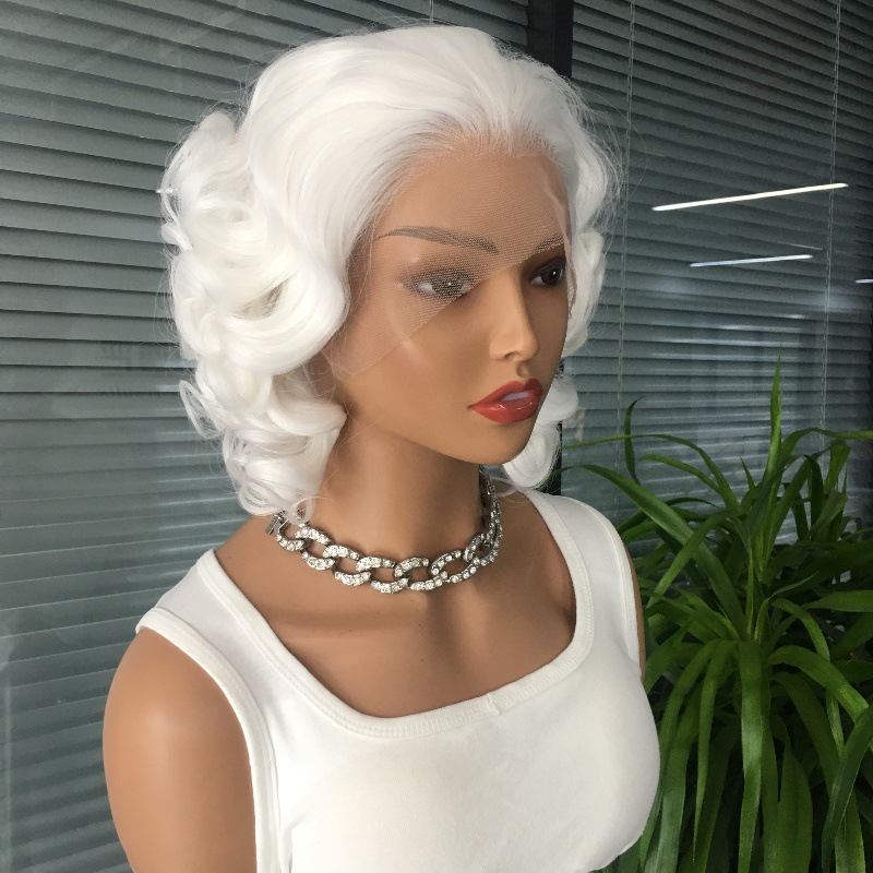 Celebrity style personality 13x4 front lace synthetic white wig internet famous short curly hair headband 10 inches Celebrity style personality 13x4 front lace synthetic white wig internet famous short curly hair headband 10 inches