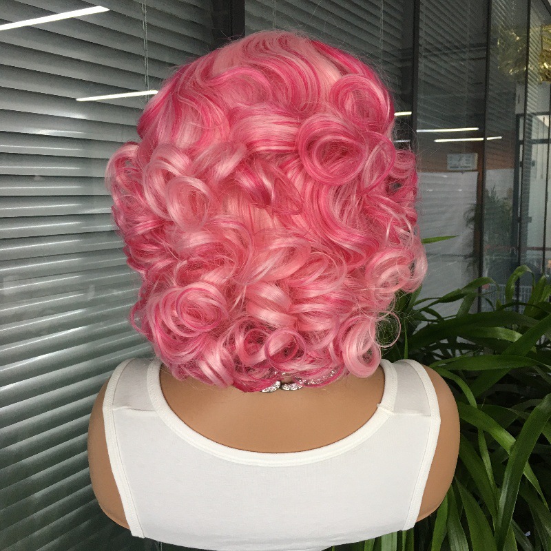 Celebrity style personality 13x4 front lace synthetic pink wig internet famous short curly hair headband 10 inches