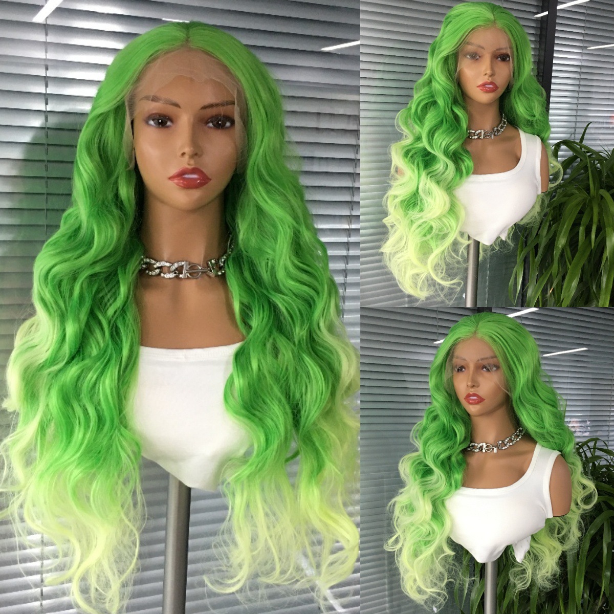 Green gradient 13x4 synthetic lace wig with large waves, cross-border European and American wig headband, one piece hair replacement