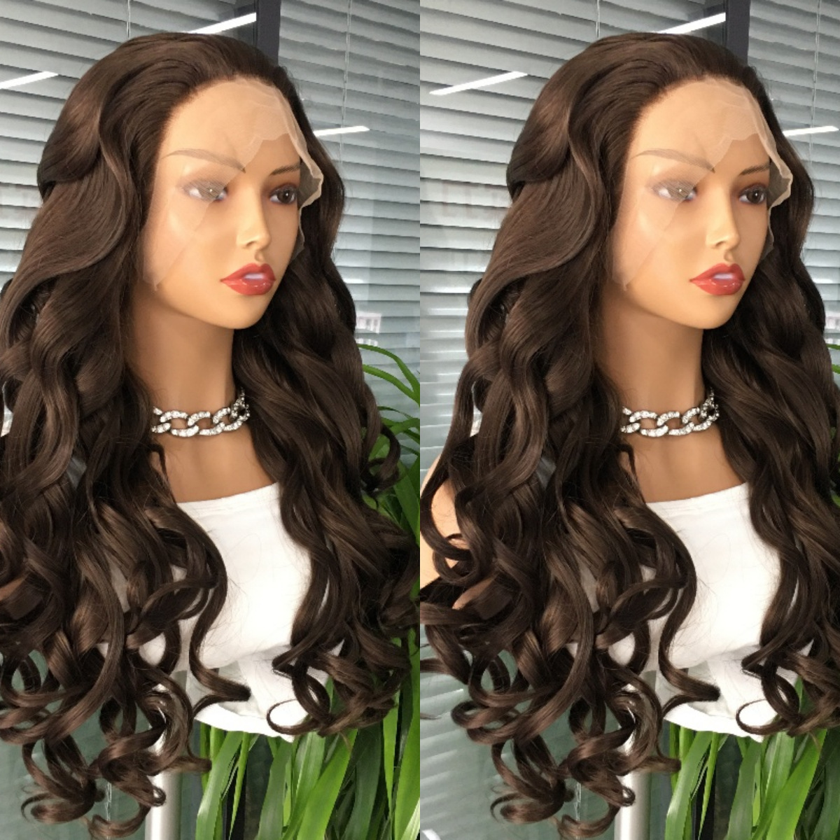 Manufacturer wholesale 13x4 synthetic front lace wig, dark brown, medium to large wave, cross-border European and American wig headband