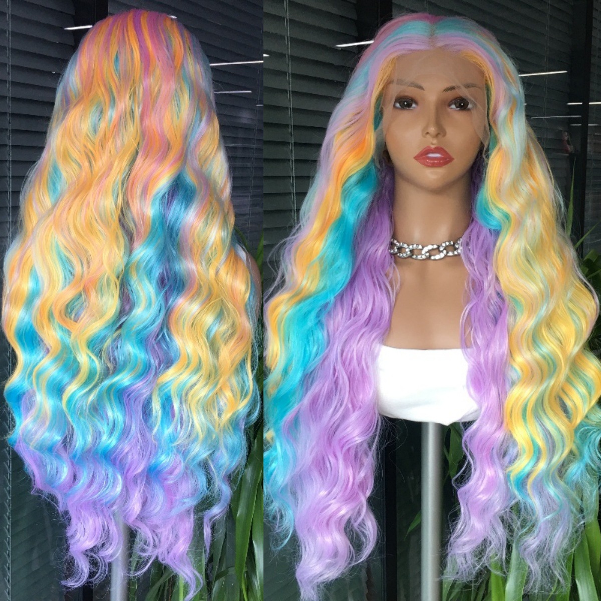Cross border synthetic wig from Europe and America, Rainbow color, front lace, long curly hair, big waves, split wig, 26 inches