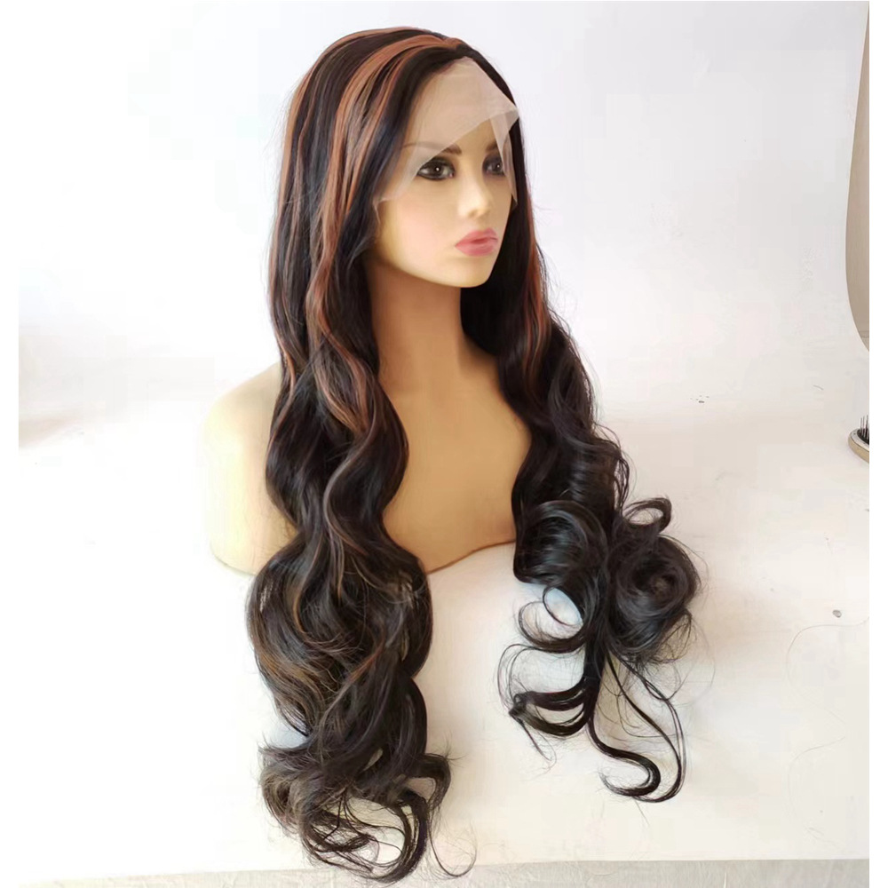 4/30 Fashion Mid point Color Long Curled Hair T-Part Hot Selling European and American Synthetic Front Lace Wig One Piece Hair Replacement