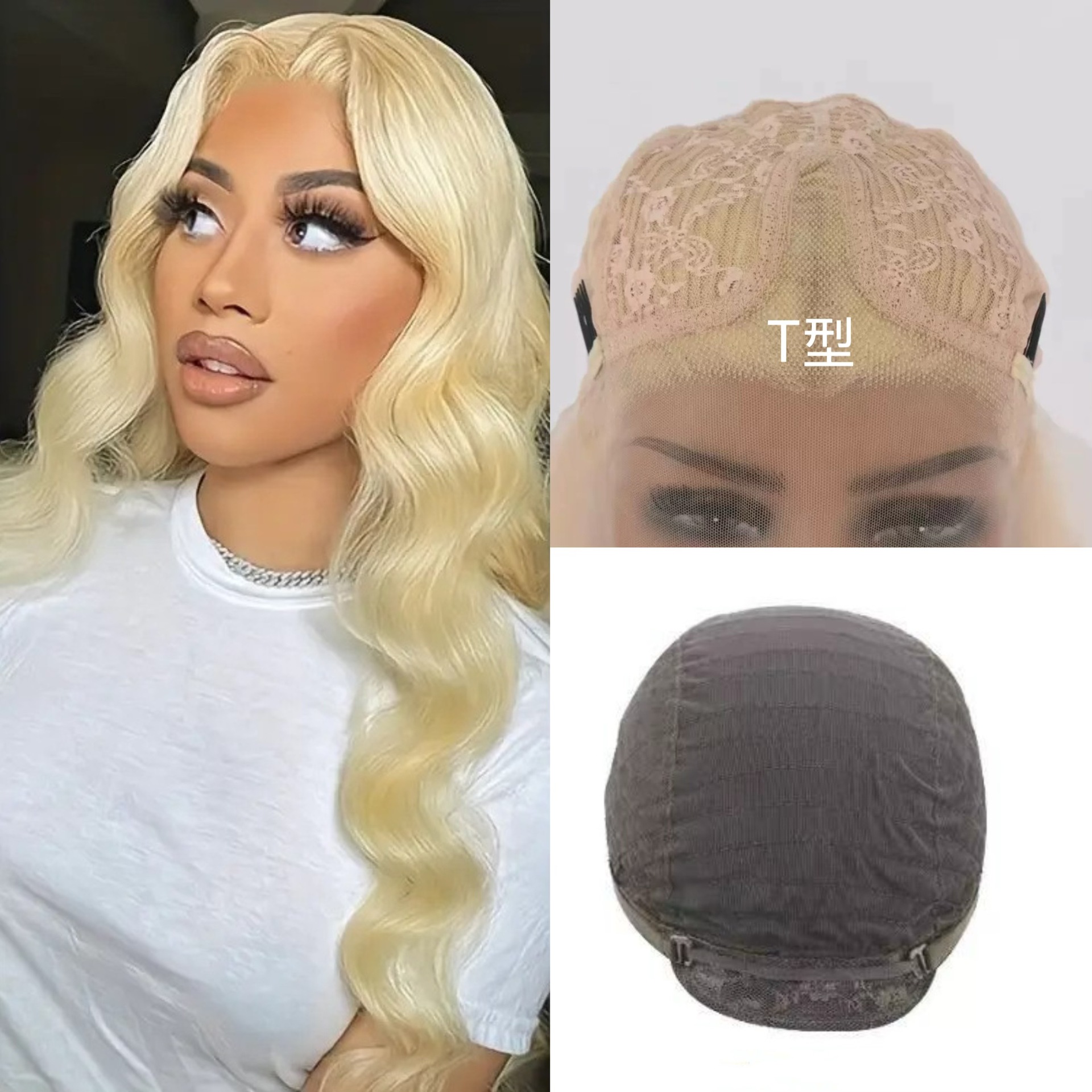 Cross border European and American new T-shaped wig light gold long curly hair fluffy big wave front lace wig synthetic headband