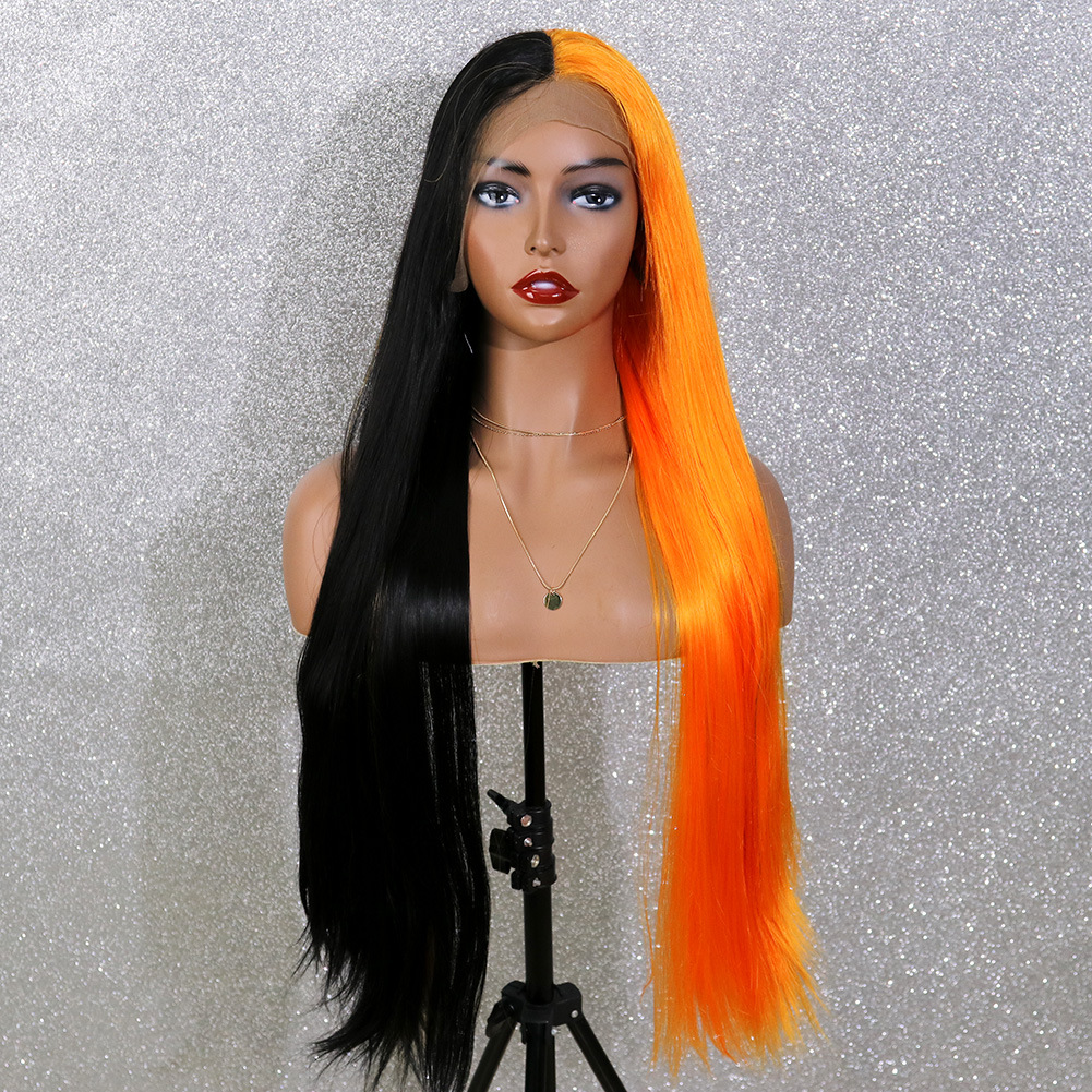Cross border foreign trade hot selling two-color spliced lace synthetic wig full head cover 26 inch mid split long straight hair cosplay style