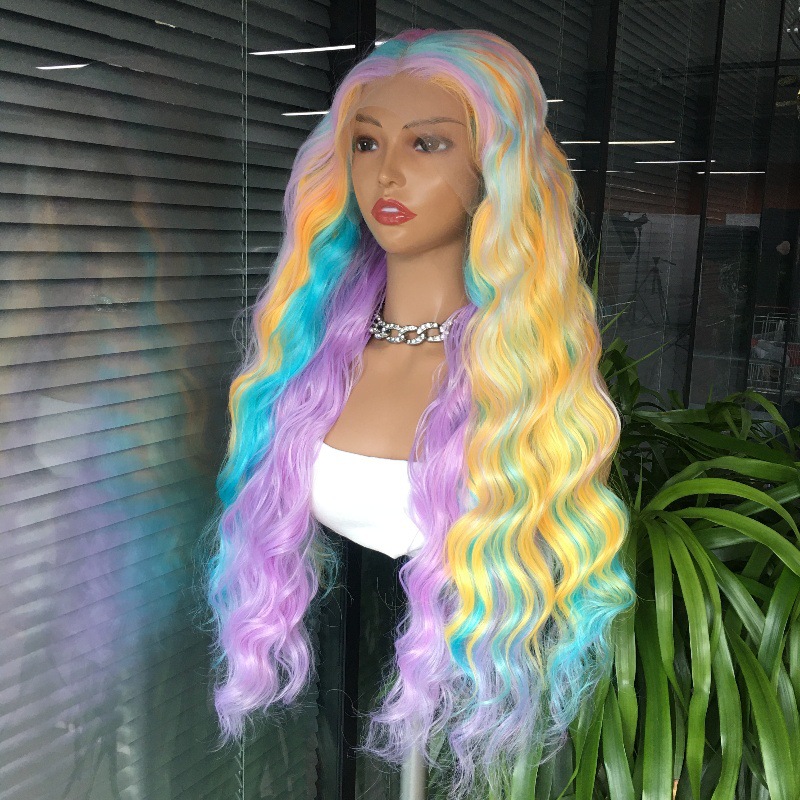 Cross border synthetic wig from Europe and America, Rainbow color, front lace, long curly hair, big waves, split wig, 26 inches Cross border synthetic wig from Europe and America, Rainbow color, front lace, long curly hair, big waves, split wig, 26 inches