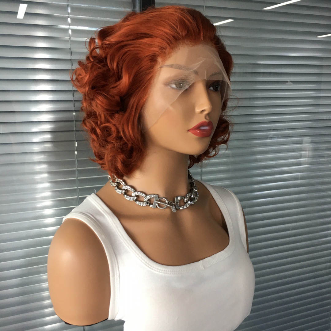Cross border New Product Star Same Style Chemical Fiber 13x4 Front Lace Orange Short Curly Hair Wig Headset Factory Direct Sales Cross border New Product Star Same Style Chemical Fiber 13x4 Front Lace Orange Short Curly Hair Wig Headset Factory Direct Sales