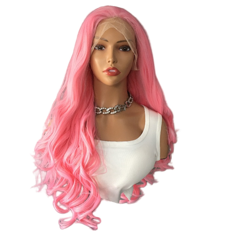 Pink 13x4 synthetic front lace long wig with large waves, cross-border European and American wig head cover manufacturer wholesale Pink 13x4 synthetic front lace long wig with large waves, cross-border European and American wig head cover manufacturer wholesale