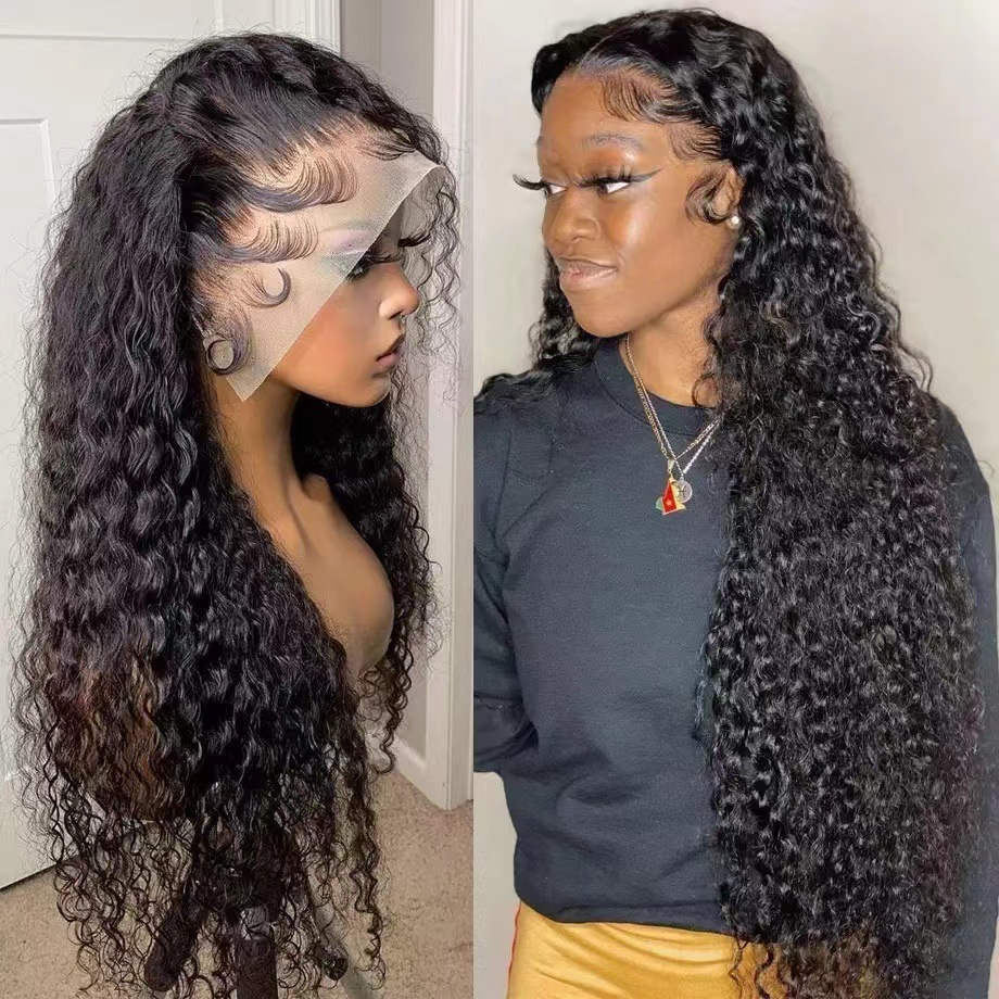 European and American women's front lace wig, long rolled hair, front lace, black synthetic fake headband manufacturer, spot wholesale