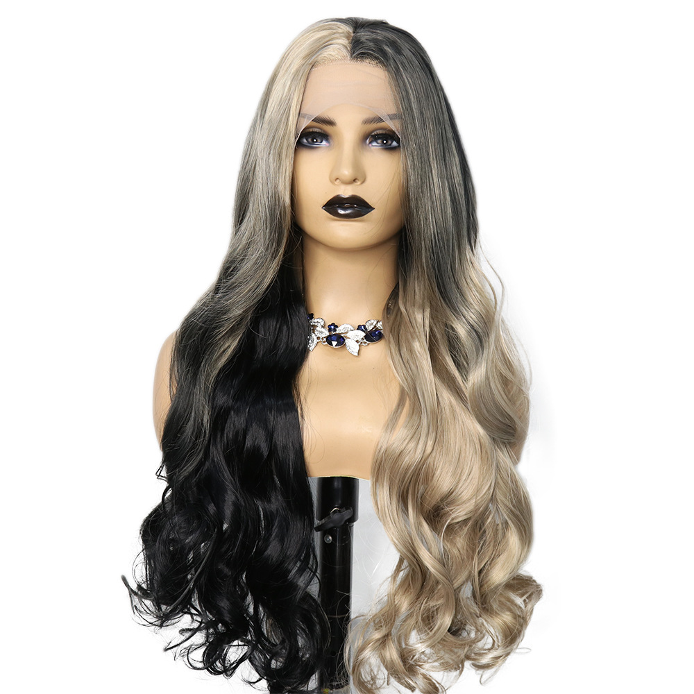 Cross border two-color splicing front lace synthetic wig headband with large wavy curls, 26 inches, one piece hair replacement Cross border two-color splicing front lace synthetic wig headband with large wavy curls, 26 inches, one piece hair replacement