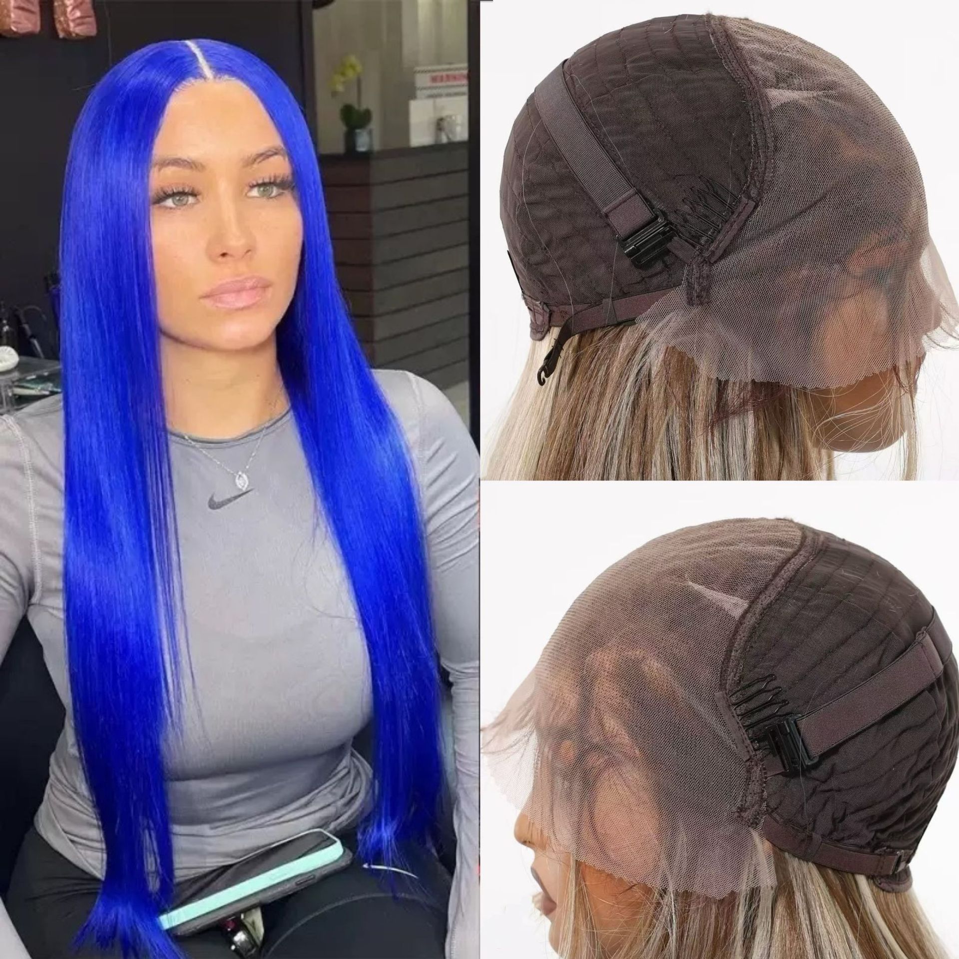 Cross border European and American women's wig foreign trade fashion front lace 13 * 6 split blue long curly hair synthetic wig headband
