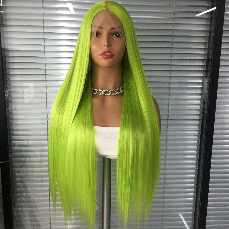 Foreign trade hot selling 13x4 front lace synthetic wig headband, split long straight hair, fluorescent green factory direct sales Foreign trade hot selling 13x4 front lace synthetic wig headband, split long straight hair, fluorescent green factory direct sales