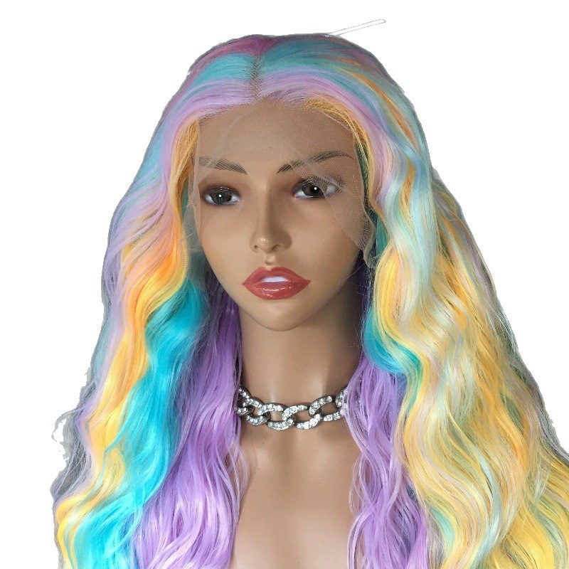 Cross border synthetic wig from Europe and America, Rainbow color, front lace, long curly hair, big waves, split wig, 26 inches Cross border synthetic wig from Europe and America, Rainbow color, front lace, long curly hair, big waves, split wig, 26 inches
