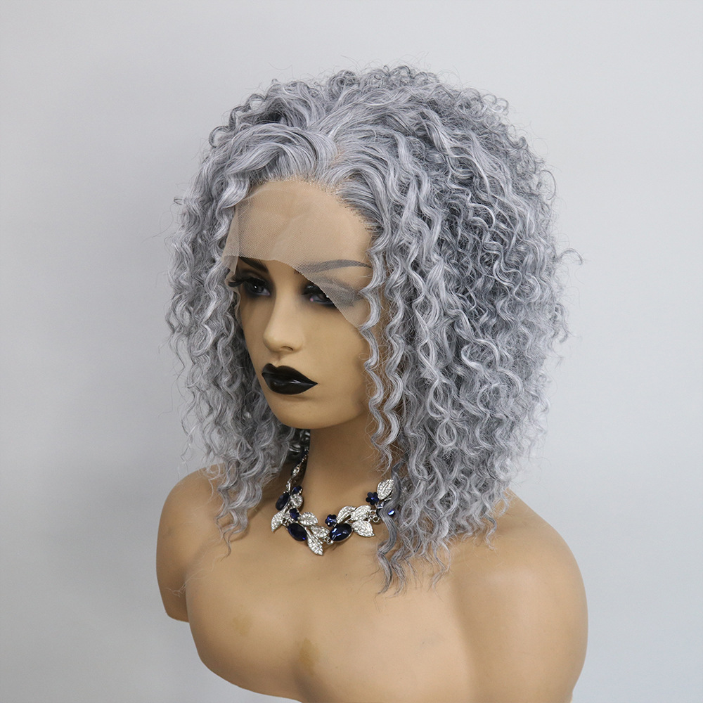Cross border European and American celebrity same style front lace synthetic wig full head cover grandmother gray short style fluffy small roll 16 inches Cross border European and American celebrity same style front lace synthetic wig full head cover grandmother gray short style fluffy small roll 16 inches
