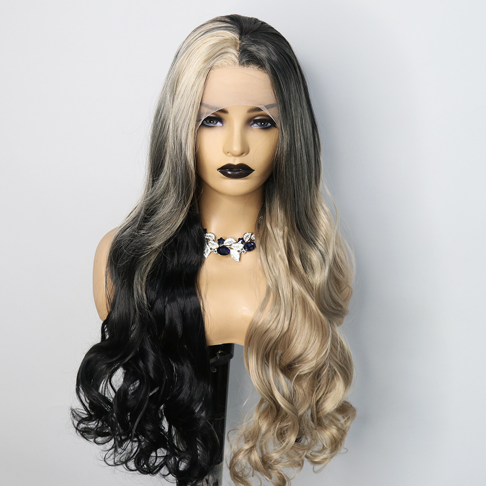 Cross border two-color splicing front lace synthetic wig headband with large wavy curls, 26 inches, one piece hair replacement Cross border two-color splicing front lace synthetic wig headband with large wavy curls, 26 inches, one piece hair replacement