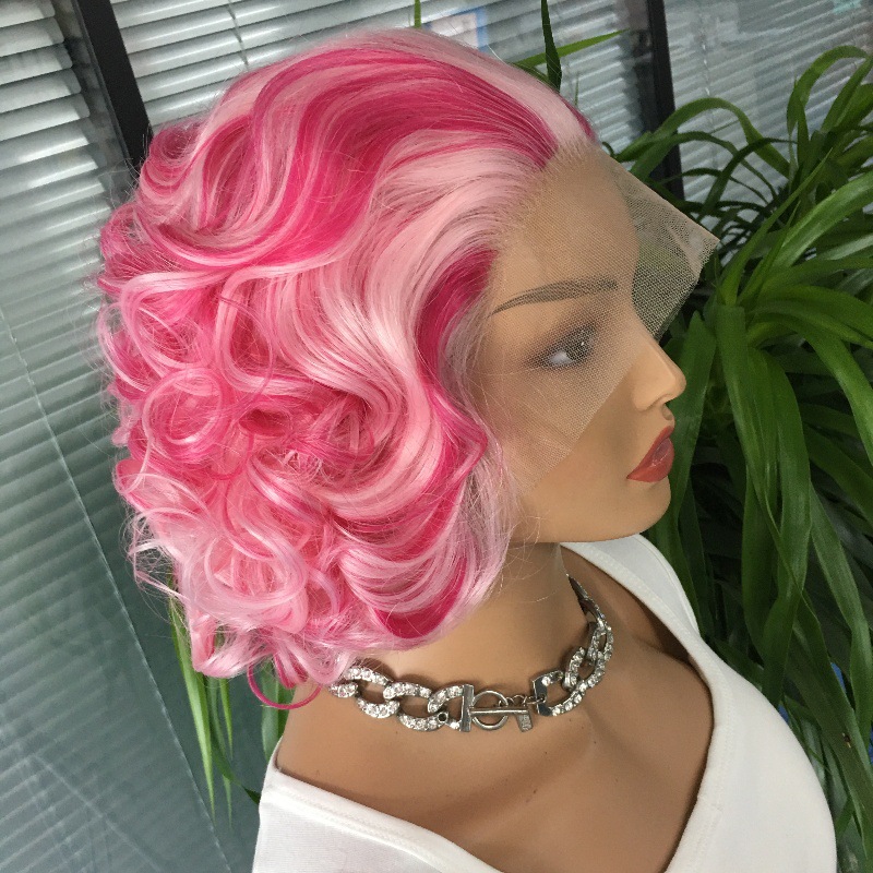 Celebrity style personality 13x4 front lace synthetic pink wig internet famous short curly hair headband 10 inches Celebrity style personality 13x4 front lace synthetic pink wig internet famous short curly hair headband 10 inches