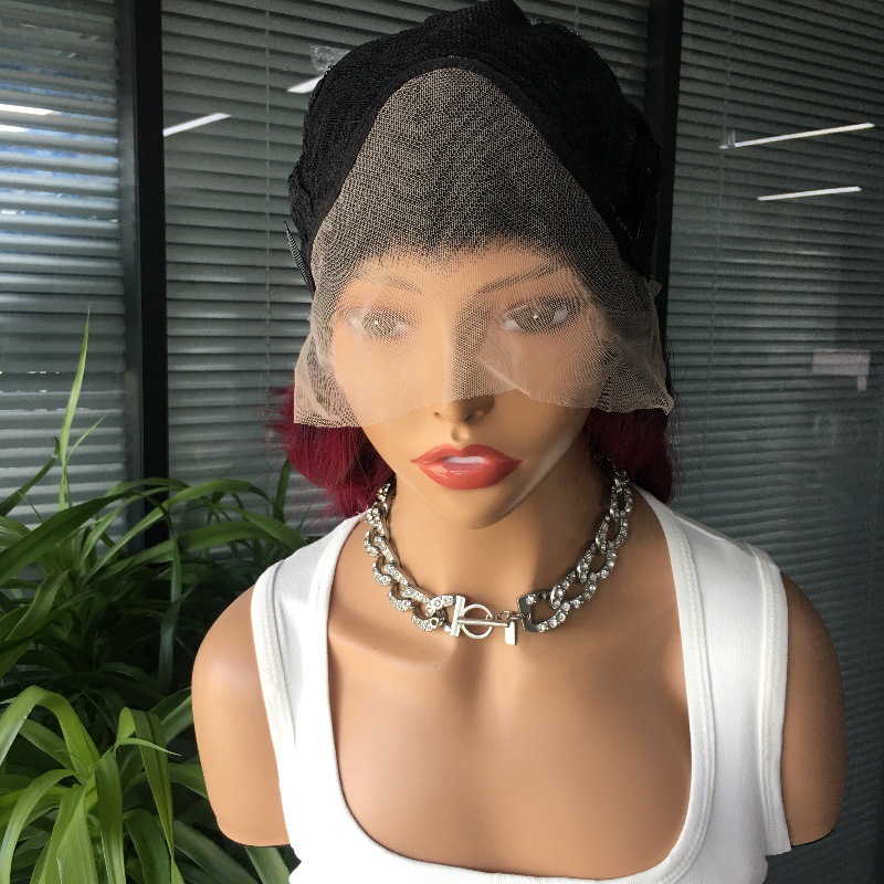 13x3 front lace synthetic wig with hollowed out mesh cap, bob purple red wig head cover, one piece, drophair factory direct sales 13x3 front lace synthetic wig with hollowed out mesh cap, bob purple red wig head cover, one piece, drophair factory direct sales
