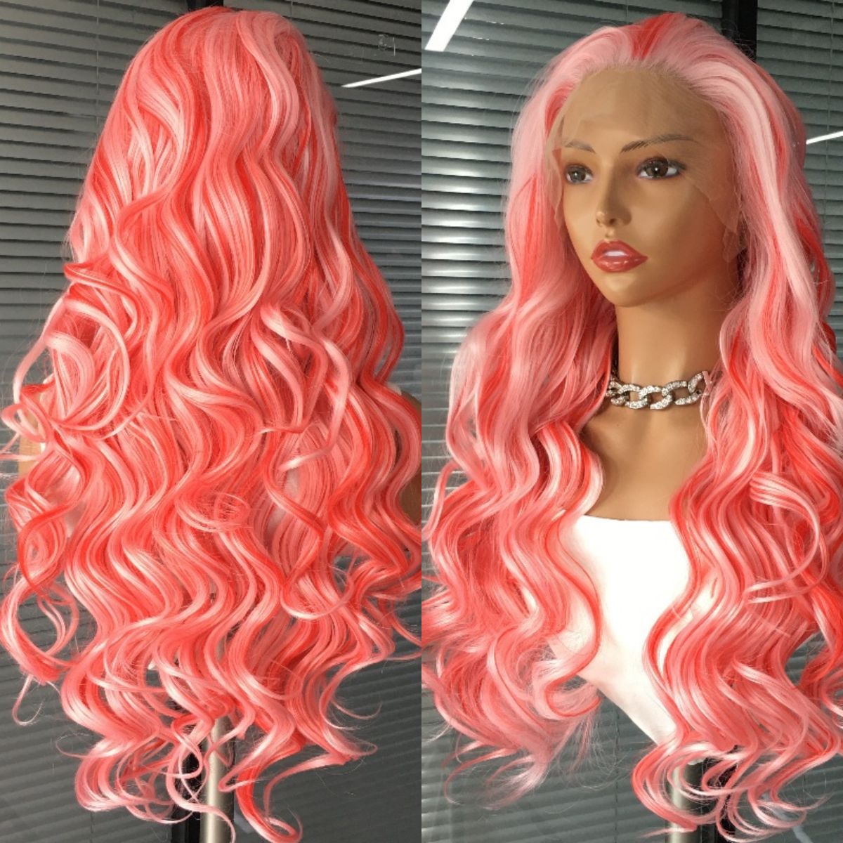 Amazon's popular new European and American 13x4 front lace synthetic wig pink gradient split long curly hair cover