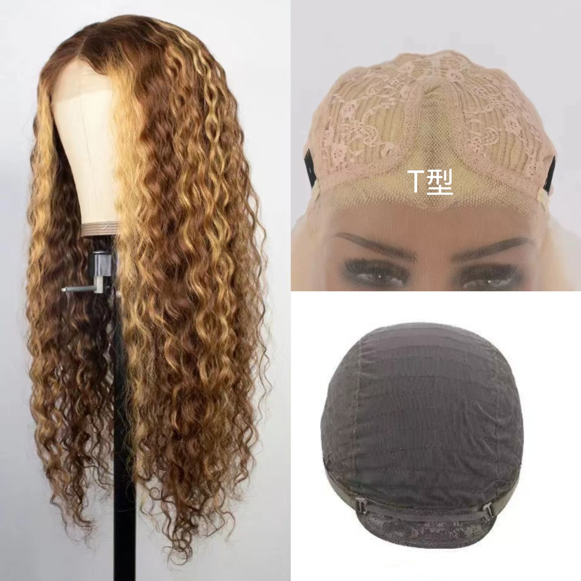 Cross border T-shaped lace wig, hot selling in Europe and America, piano color, African small roll wig, synthetic full head cover manufacturer