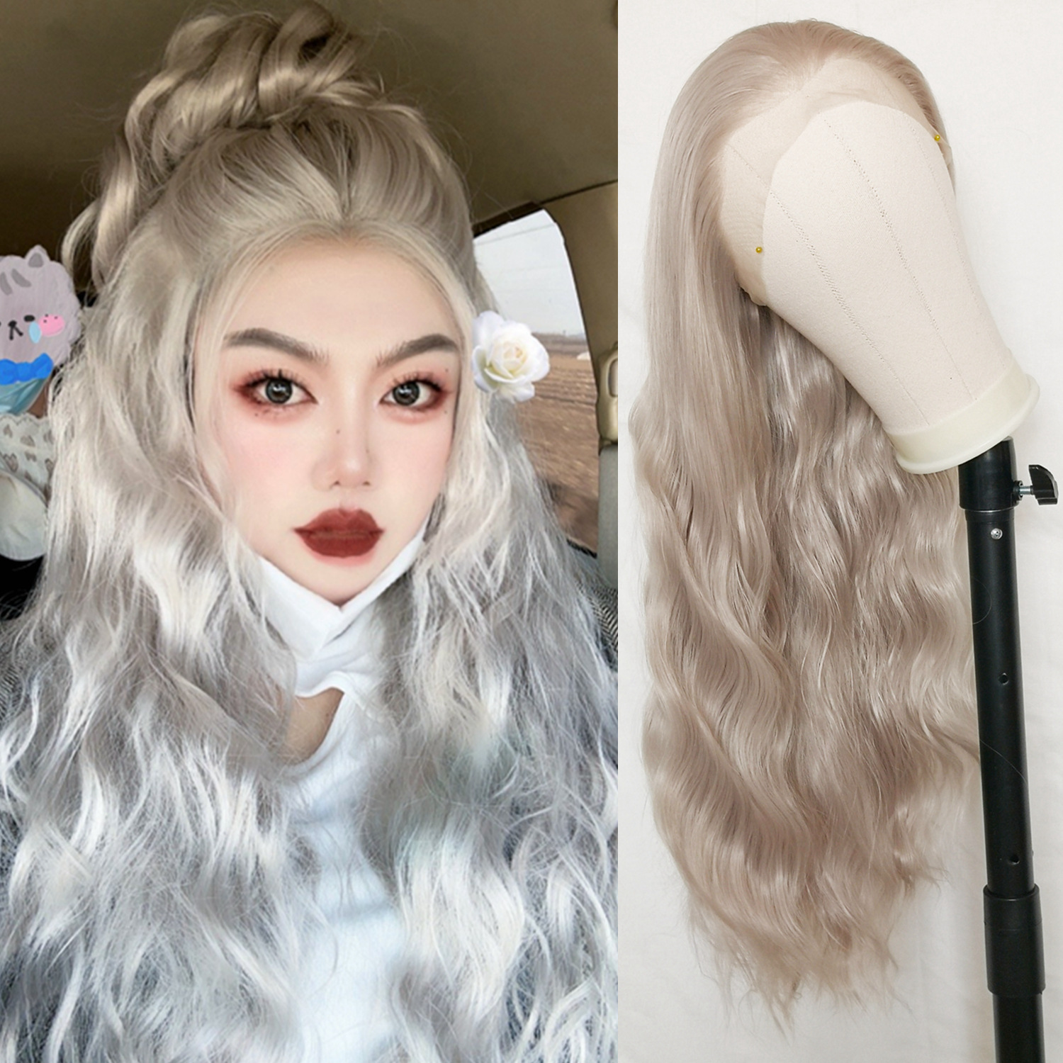 Synthetic lace natural wave wig, European and American foreign trade gray long curly hair, high-temperature silk headband wig, one-piece hair replacement