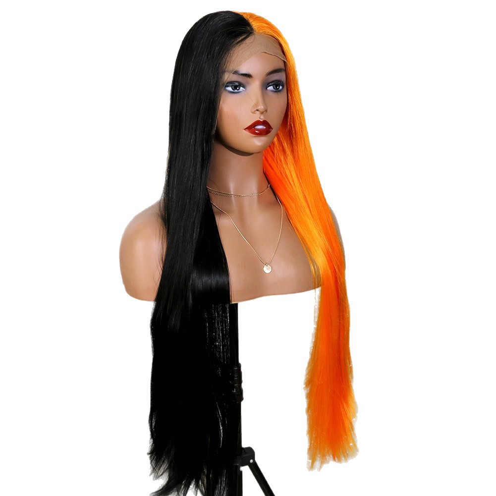 Cross border foreign trade hot selling two-color spliced lace synthetic wig full head cover 26 inch mid split long straight hair cosplay style Cross border foreign trade hot selling two-color spliced lace synthetic wig full head cover 26 inch mid split long straight hair cosplay style