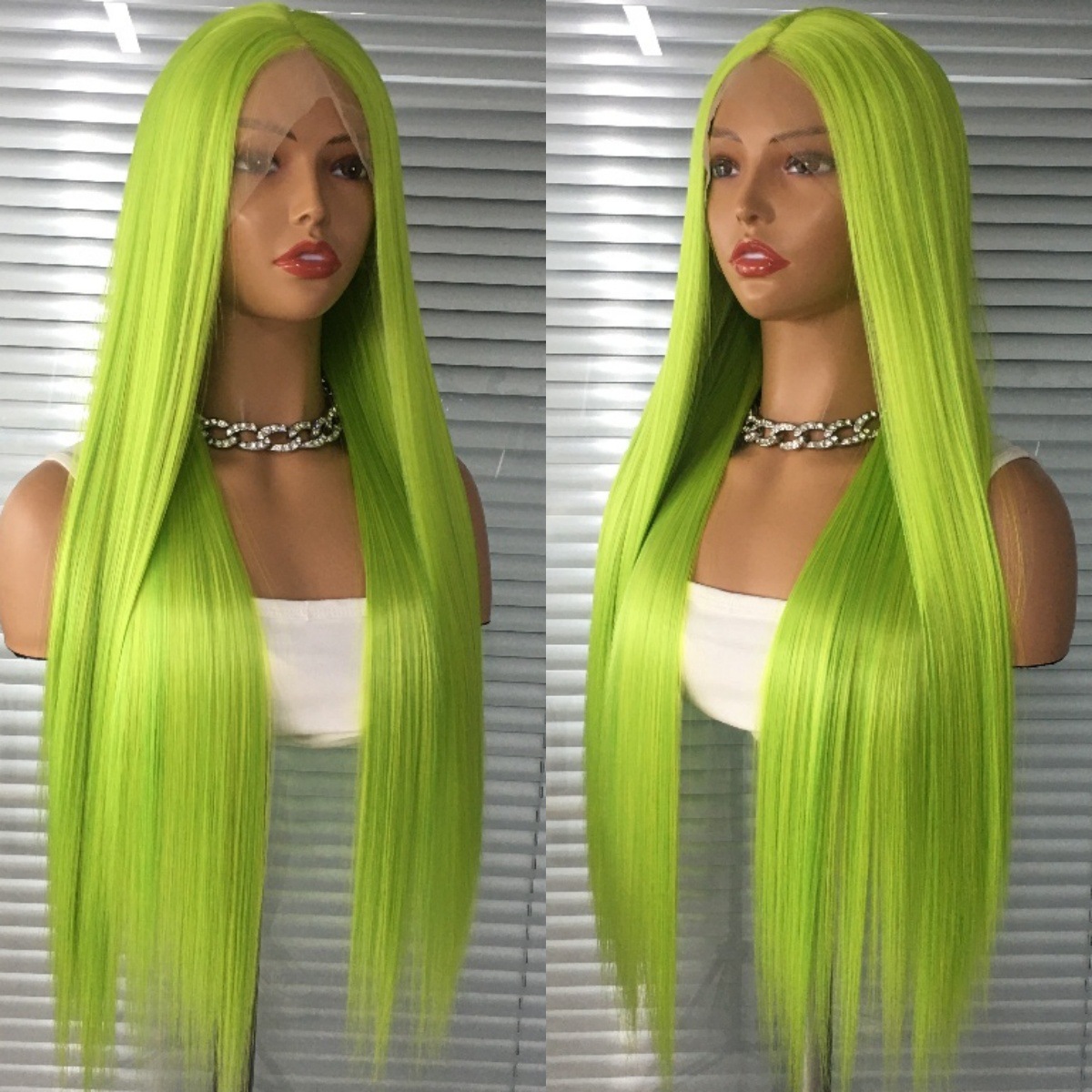 Foreign trade hot selling 13x4 front lace synthetic wig headband, split long straight hair, fluorescent green factory direct sales