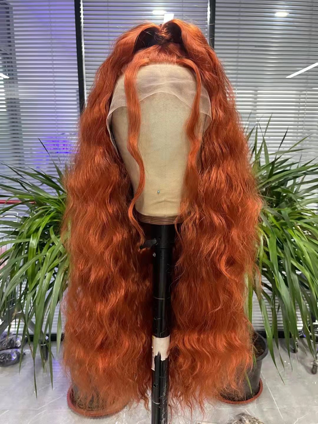 Cross border hot selling product for foreign trade, corn perm, long curly hair, synthetic fiber front lace, copper red wig, one piece hair replacement