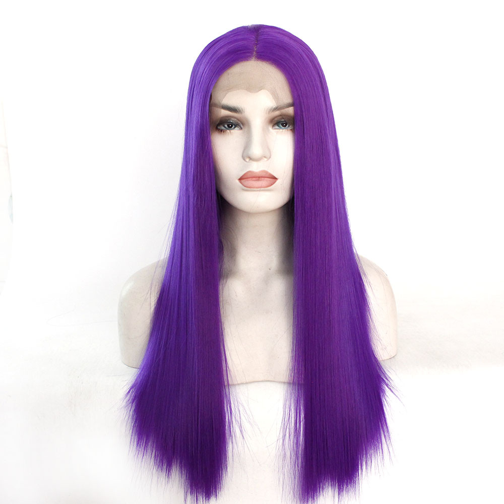 Manufacturer supplies silktrack purple high-temperature silk synthetic front lace wig with half hand hook synthetic head cover