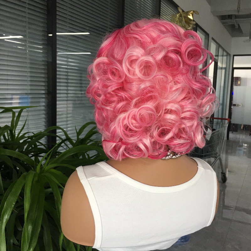 Celebrity style personality 13x4 front lace synthetic pink wig internet famous short curly hair headband 10 inches Celebrity style personality 13x4 front lace synthetic pink wig internet famous short curly hair headband 10 inches