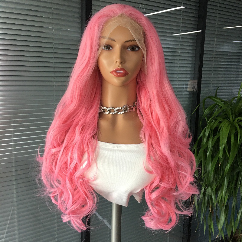 Pink 13x4 synthetic front lace long wig with large waves, cross-border European and American wig head cover manufacturer wholesale Pink 13x4 synthetic front lace long wig with large waves, cross-border European and American wig head cover manufacturer wholesale