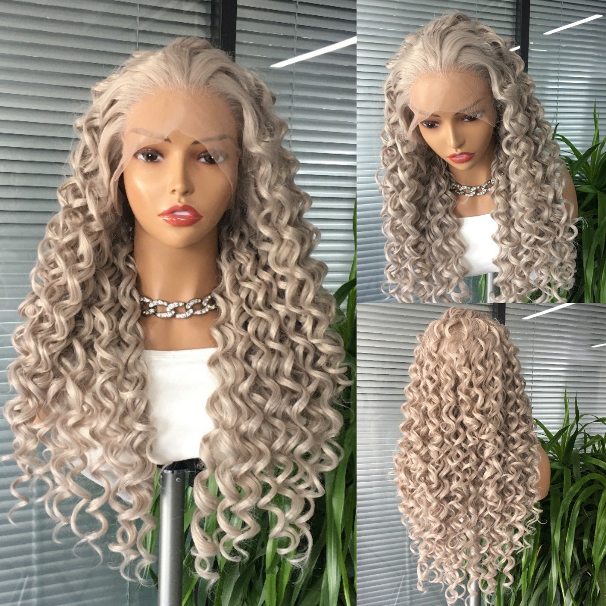 Amazon wig European and American 13x4 synthetic lace headband grandma gray African small curly hair wig factory direct sales