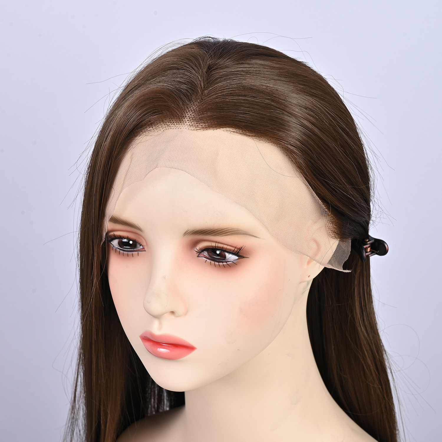 Wig full head cover dark brown European and American hot selling black hair simulation fluffy long straight hair COS front lace medium long hair Wig full head cover dark brown European and American hot selling black hair simulation fluffy long straight hair COS front lace medium long hair