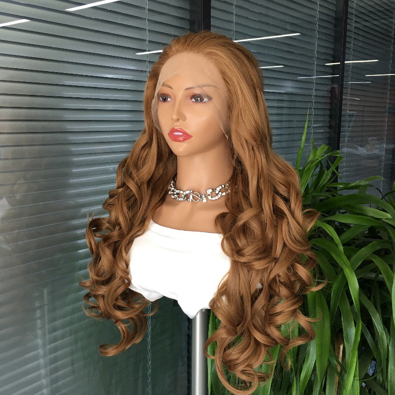 Cross border new product 13x4 synthetic front lace wig, divided into large waves, European and American wig head cover manufacturers wholesale Cross border new product 13x4 synthetic front lace wig, divided into large waves, European and American wig head cover manufacturers wholesale