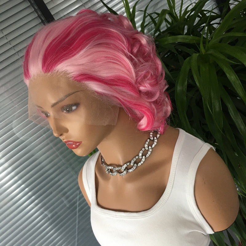 Celebrity style personality 13x4 front lace synthetic pink wig internet famous short curly hair headband 10 inches Celebrity style personality 13x4 front lace synthetic pink wig internet famous short curly hair headband 10 inches
