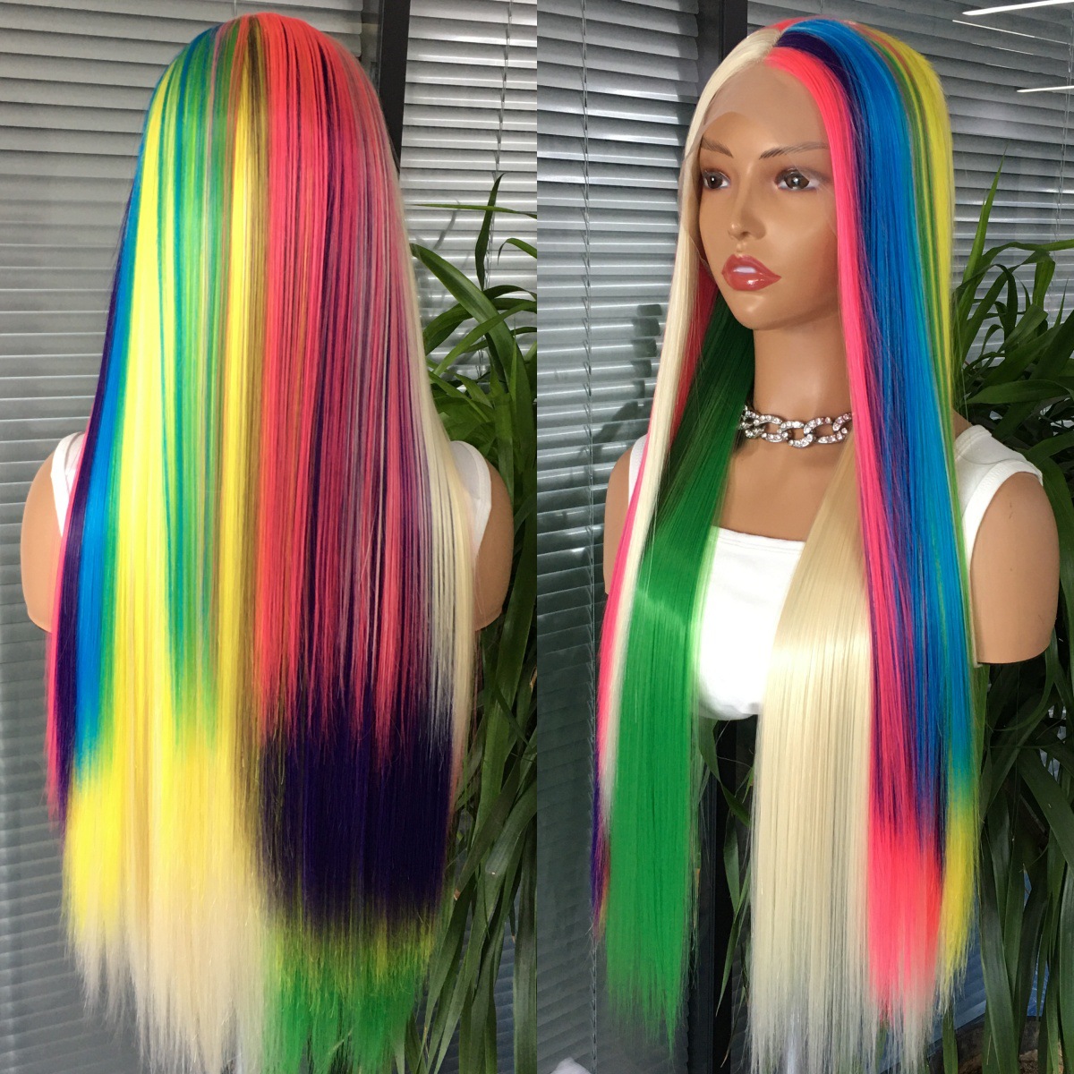 Foreign trade hot selling European and American women 13x4 front lace six color rainbow split long straight synthetic wig headband