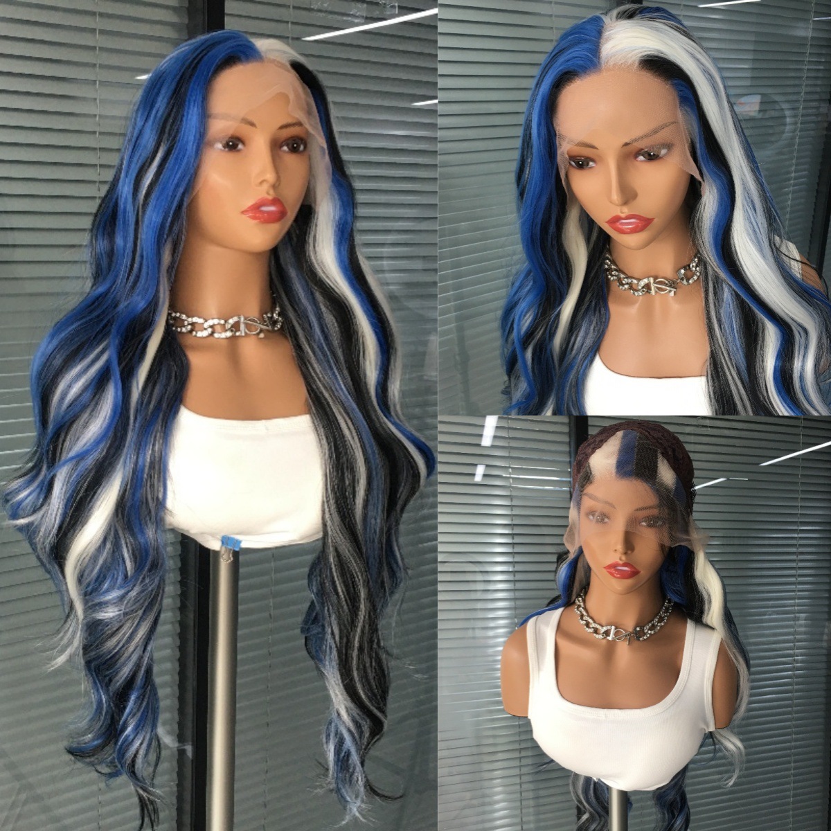 Cross border new product 13x4 synthetic front lace blue and white striped mid split large wave wig headband 26 inch hot selling in Europe and America
