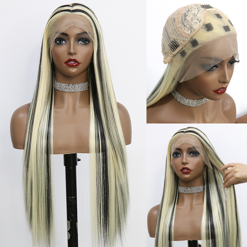 Foreign trade hot selling 13x4 front lace synthetic wig headband, mid split long straight hair, cross dyed gradient one piece hair replacement