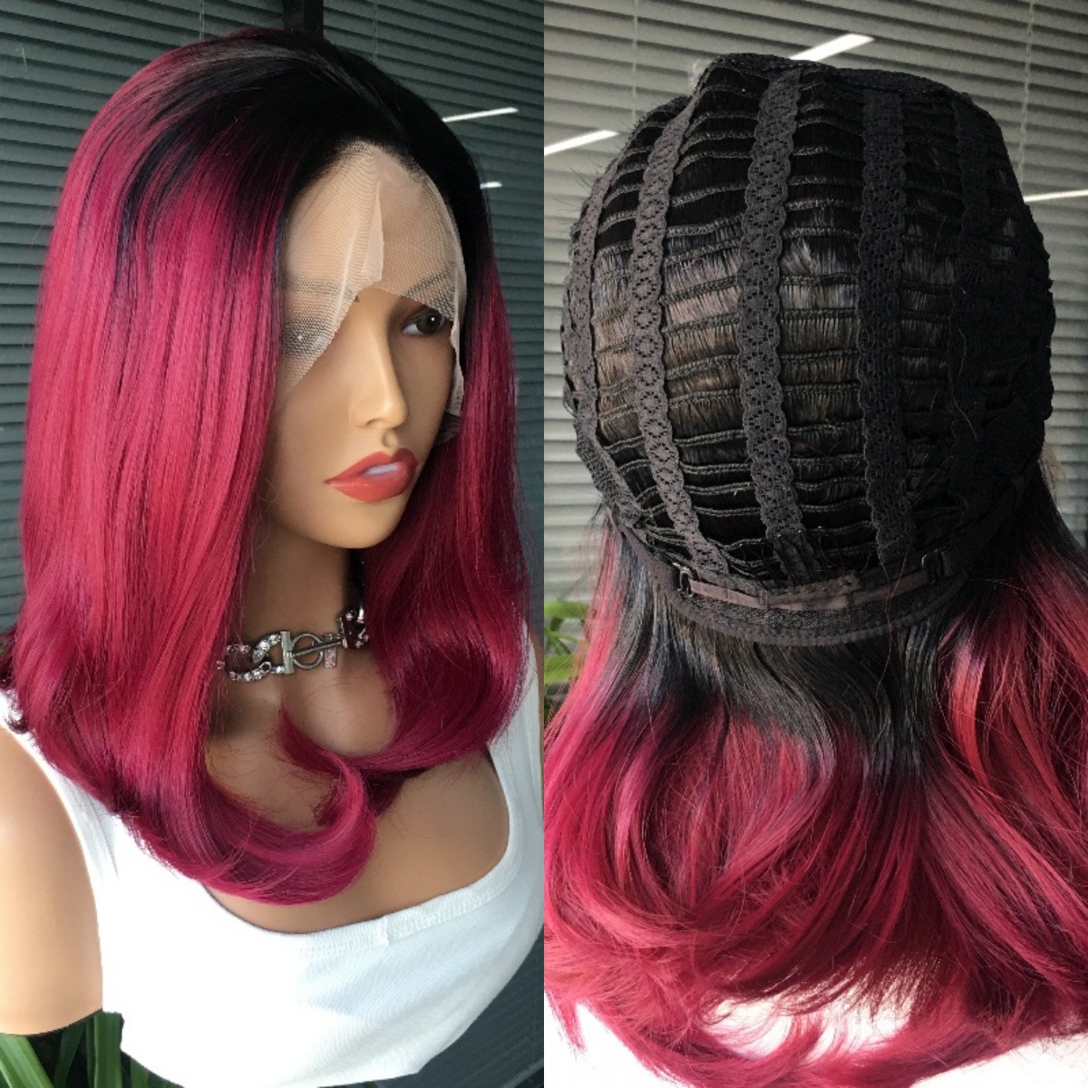 13x3 front lace synthetic wig with hollowed out mesh cap, bob purple red wig head cover, one piece, drophair factory direct sales 13x3 front lace synthetic wig with hollowed out mesh cap, bob purple red wig head cover, one piece, drophair factory direct sales